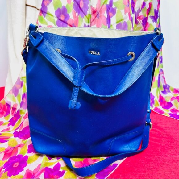 Furla Blue Leather Hobo Shoulder Bag 13"x4"x11" +FREE Chiffon Floral Scarf (40 - Picture 12 of 15